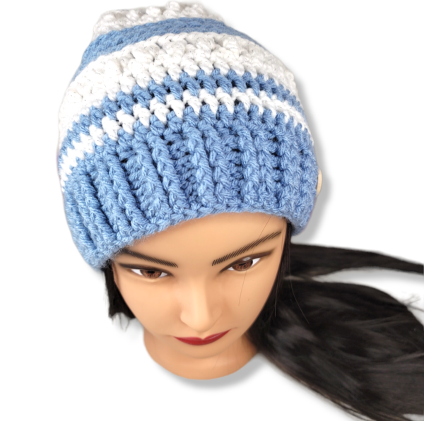 white and blue hat